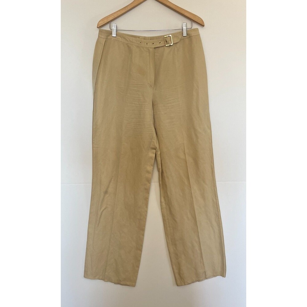 Vintage Escada Silk Linen Wide Leg Pants Nude Beige Tan Gold Buckle Size 44